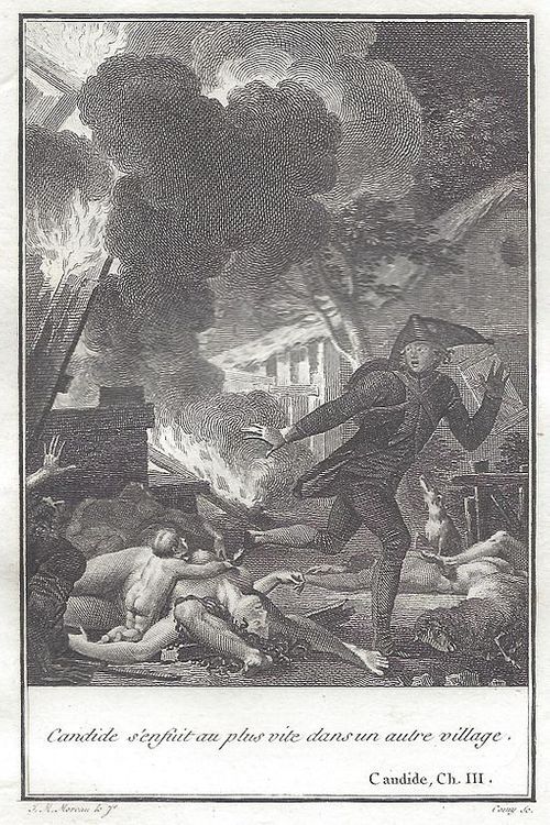 Jean-Michel Moreau : Illustration du chapitre 3 de « Candide » pour l’édition non imprimée des œuvres de Voltaire chez Renouard, graveur Coiny, 1801.